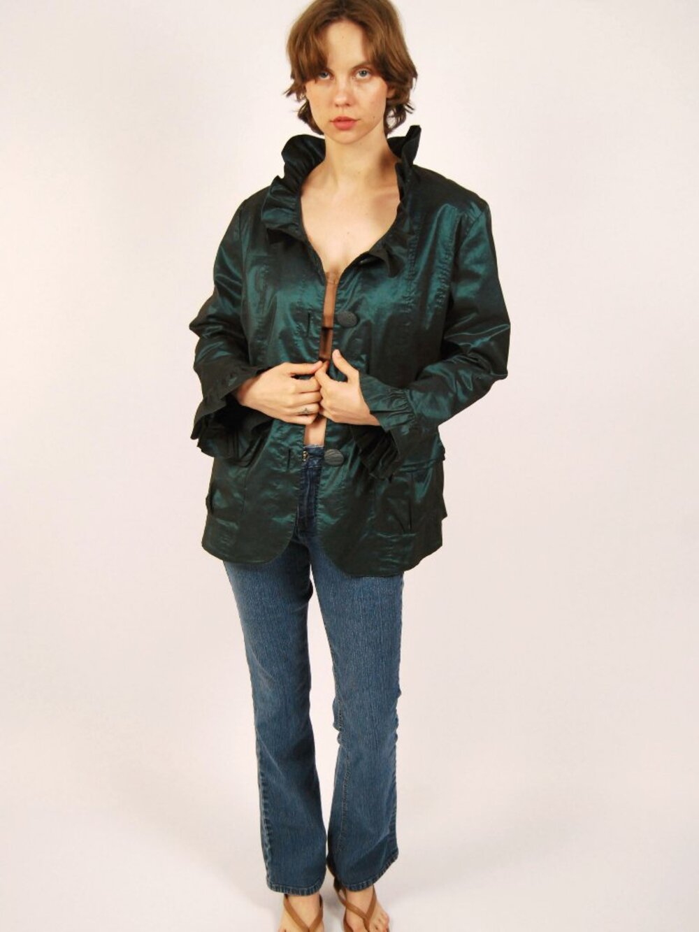80s Taffeta Jacket (L) large green vintage womens shiny whimsigoth business wear
